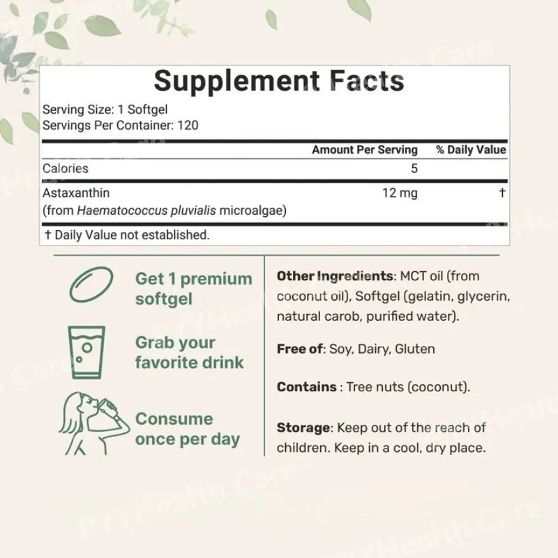 Astaxanthin 12mg Softgels 120 Capsules, Microalgae Astaxanthin with MCT Oil, Antioxidant Daily Wellness Supplement