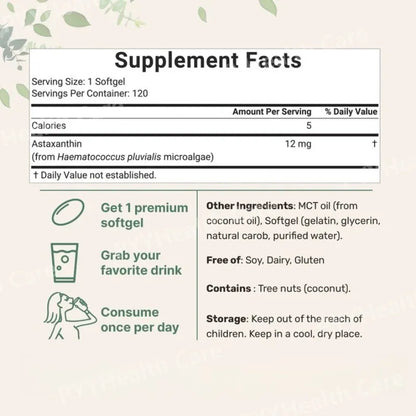 Astaxanthin 12mg Softgels 120 Capsules, Microalgae Astaxanthin with MCT Oil, Antioxidant Daily Wellness Supplement