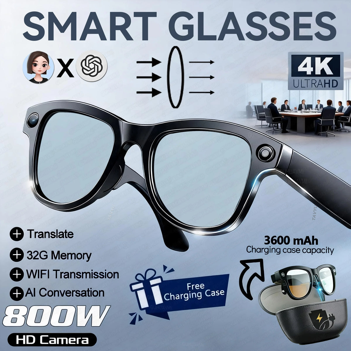 2026 Smart AI Glasses 1080P HD Camera M02 Ultra ChatGPT 3600mAh Charging Case Power Bank 32GB Translation Music Video Sunglasses