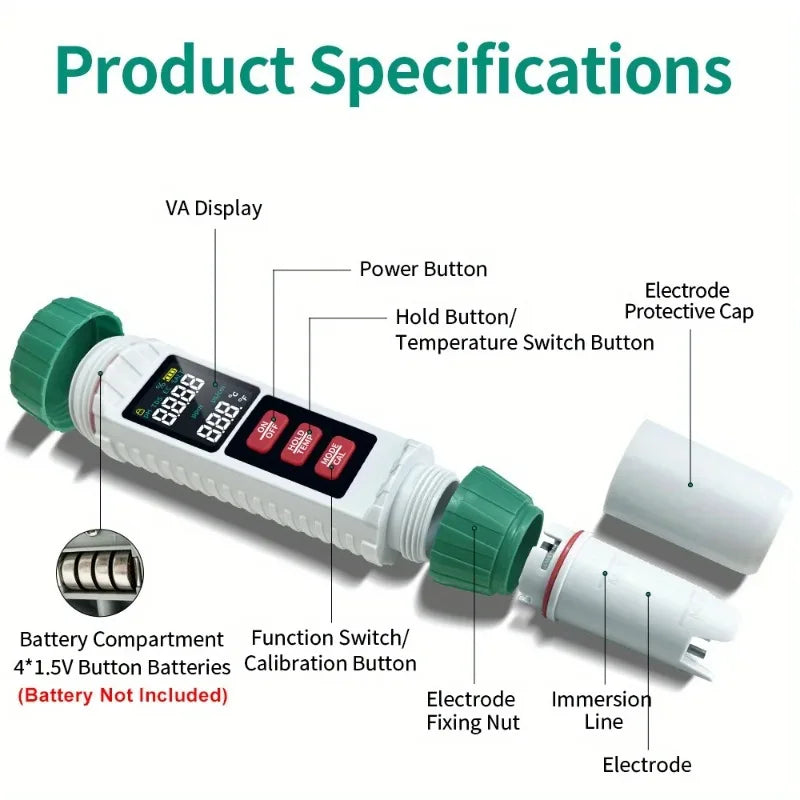 Portable 5-in-1 Water Quality Tester with High-Sensitivity Probe  Measures TDS, EC, pH, Salt Temperature for Home Water Testing