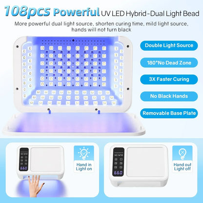 480W UV LED Lamp for Nails 108 LEDs Nail Dryer with Red Light Whitening Mode Large Space Manicure Lamp 4 Timer Settings