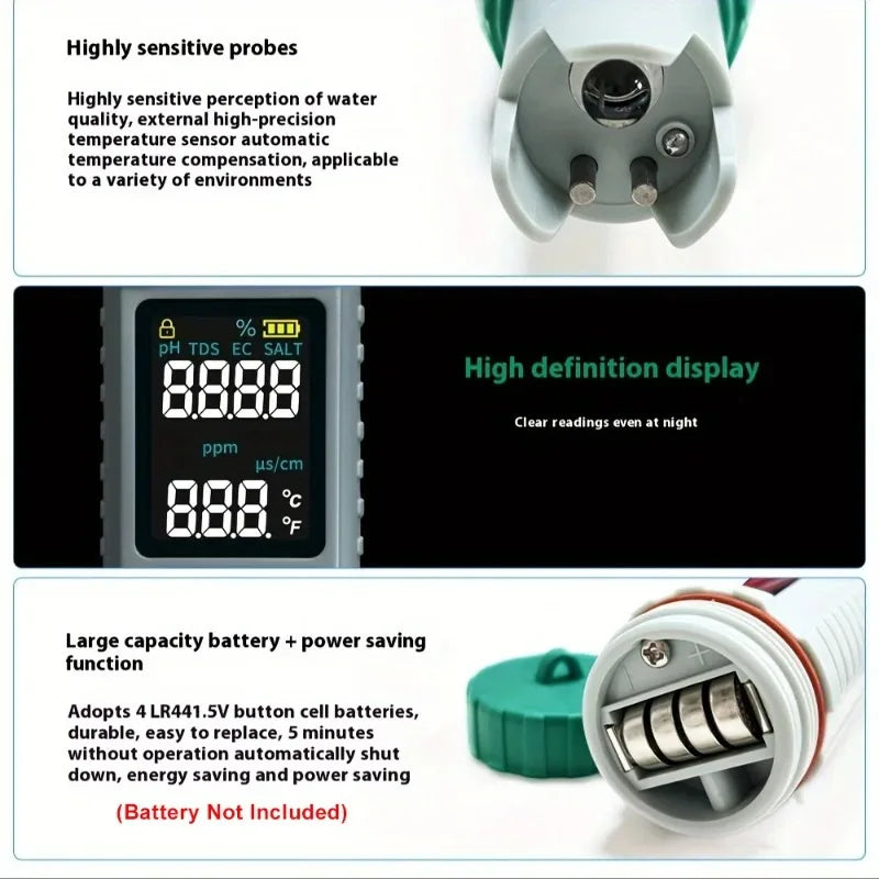Portable 5-in-1 Water Quality Tester with High-Sensitivity Probe  Measures TDS, EC, pH, Salt Temperature for Home Water Testing