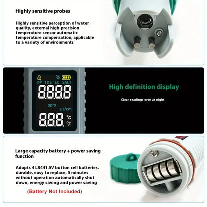 Portable 5-in-1 Water Quality Tester with High-Sensitivity Probe  Measures TDS, EC, pH, Salt Temperature for Home Water Testing