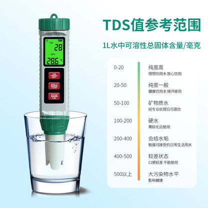 Portable 5-in-1 Water Quality Tester with High-Sensitivity Probe  Measures TDS, EC, pH, Salt Temperature for Home Water Testing