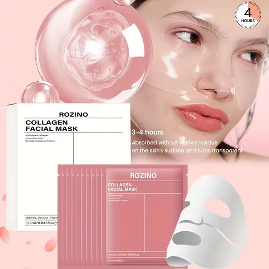 ROZINO 10-Pcs Bio-Collagen Mask Set - Intense Hydration for Dewy, Smooth & Glowing Skin! Alcohol-Free & Gently Lemon Scented, The Perfect Hypoallergenic Care & Holiday Glow for All Skin Types!(25Ml/ 0.845Fl.Oz)*10pcs