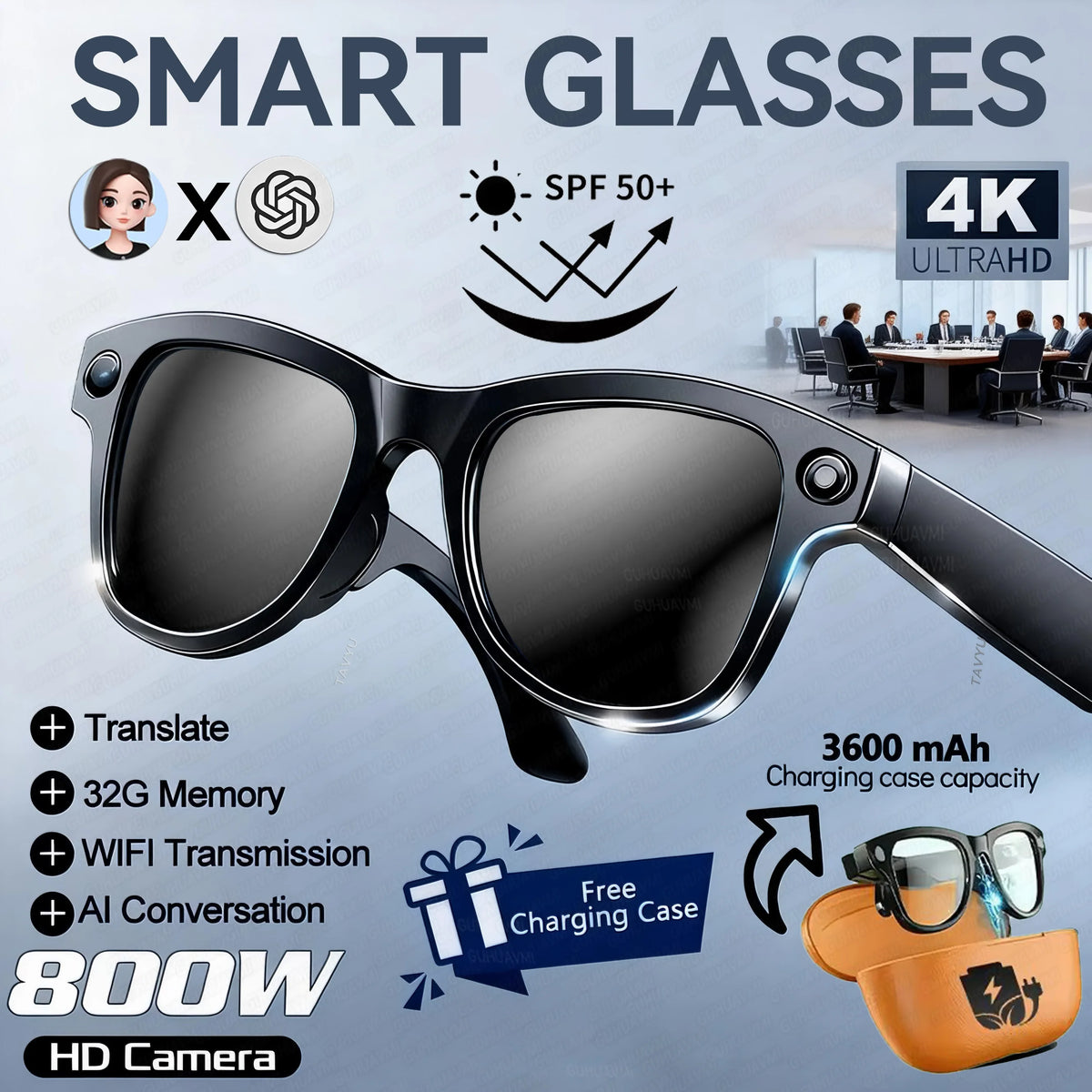 2026 Smart AI Glasses 1080P HD Camera M02 Ultra ChatGPT 3600mAh Charging Case Power Bank 32GB Translation Music Video Sunglasses