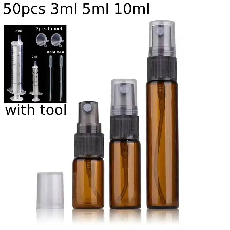 50Pcs Mini Glass Perfume Atomizer Bottle 3ml 5ml Amber Clear Empty Fine Mist Spray Bottle for Essential Oils Travel Cosmetic Kit
