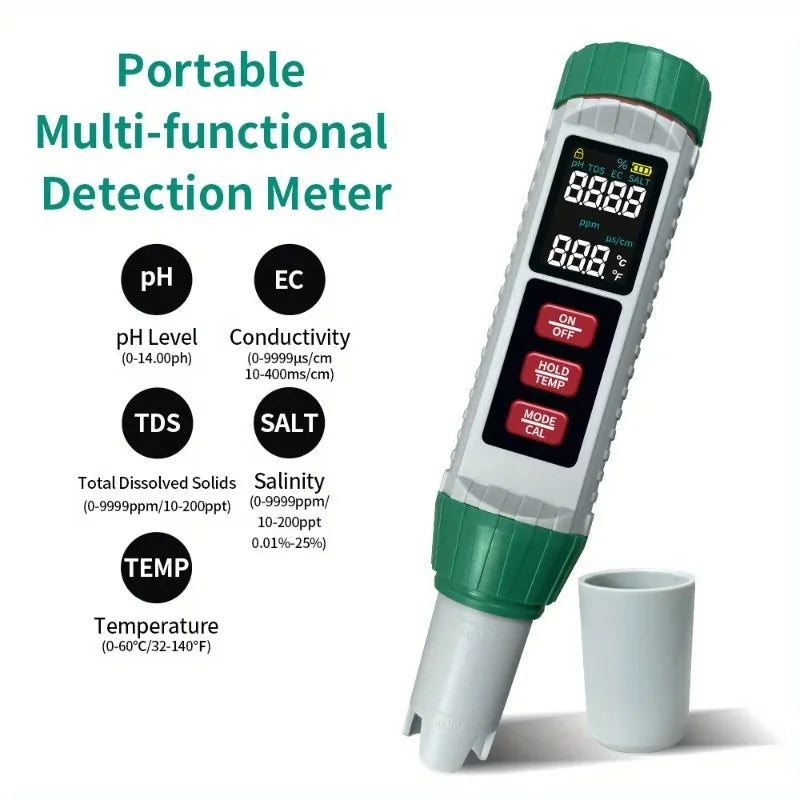 Portable 5-in-1 Water Quality Tester with High-Sensitivity Probe  Measures TDS, EC, pH, Salt Temperature for Home Water Testing