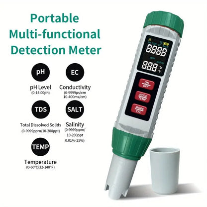 Portable 5-in-1 Water Quality Tester with High-Sensitivity Probe  Measures TDS, EC, pH, Salt Temperature for Home Water Testing