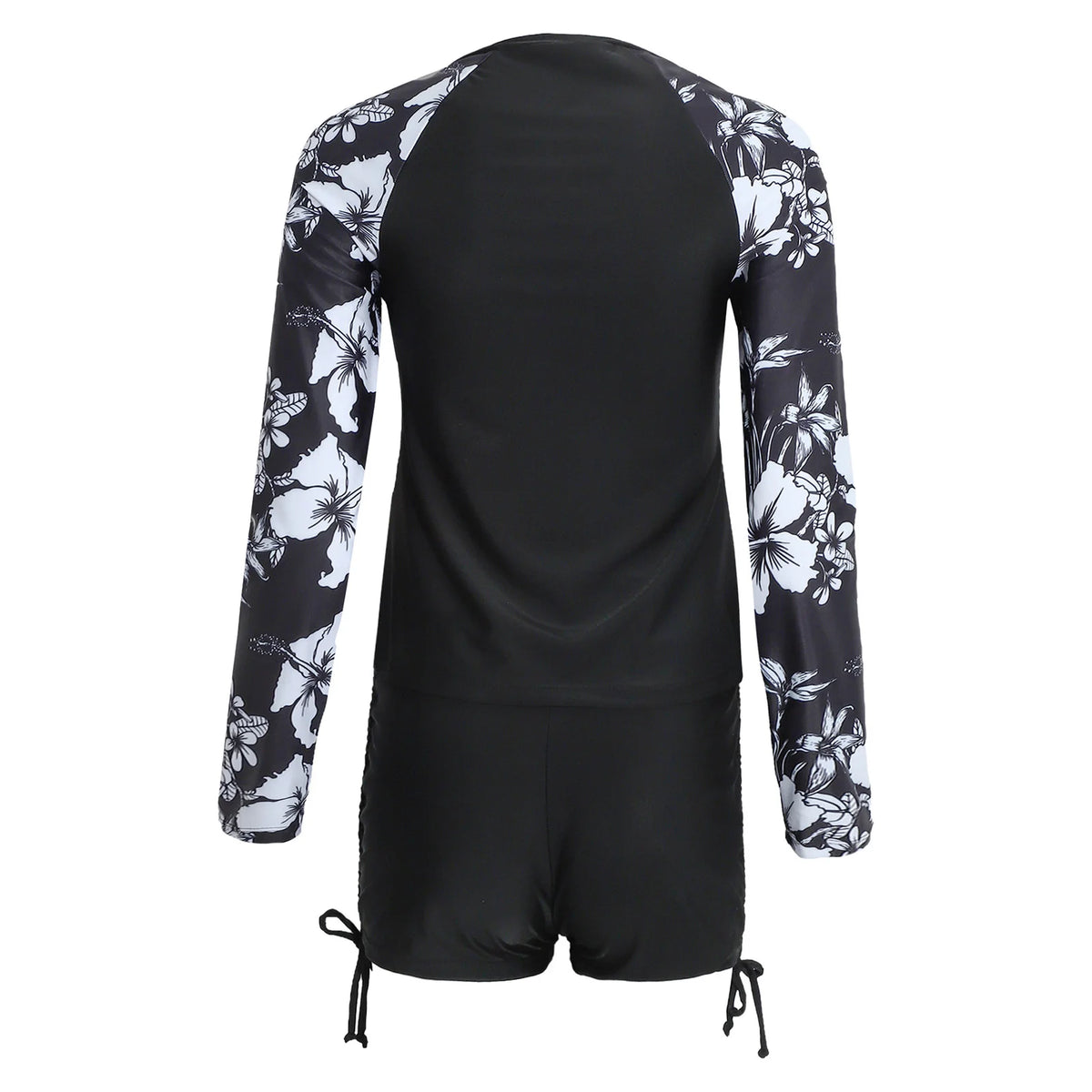 Womens Swimwear Athletic Swim Sets Print Long Sleeve Half Zipper Wireless Chest Pads Top with Side Drawstring Shorts Swimsuit