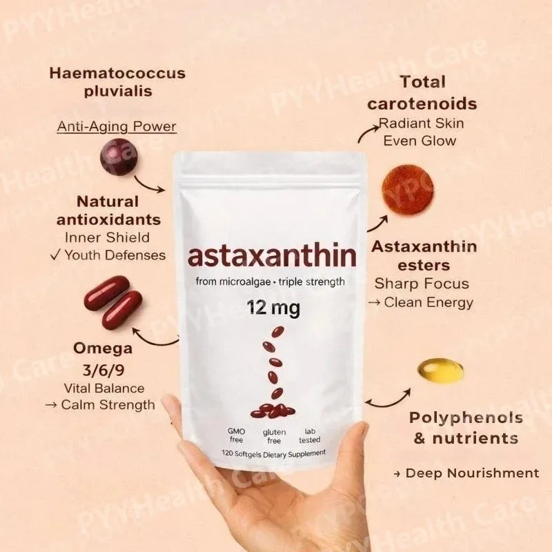 Astaxanthin 12mg Softgels 120 Capsules, Microalgae Astaxanthin with MCT Oil, Antioxidant Daily Wellness Supplement