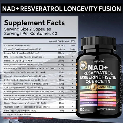 NAD Resveratrol Berberine - Improve Aging, Promotes Cardiovascular Health & Cell Health, Regulate MetabolismSupplement