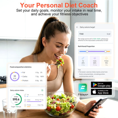 Smart Kitchen Scale Connects to Mobile App for Food Calorie Calculation Fitness Weight Loss Body Management,11 Lb / 5kg