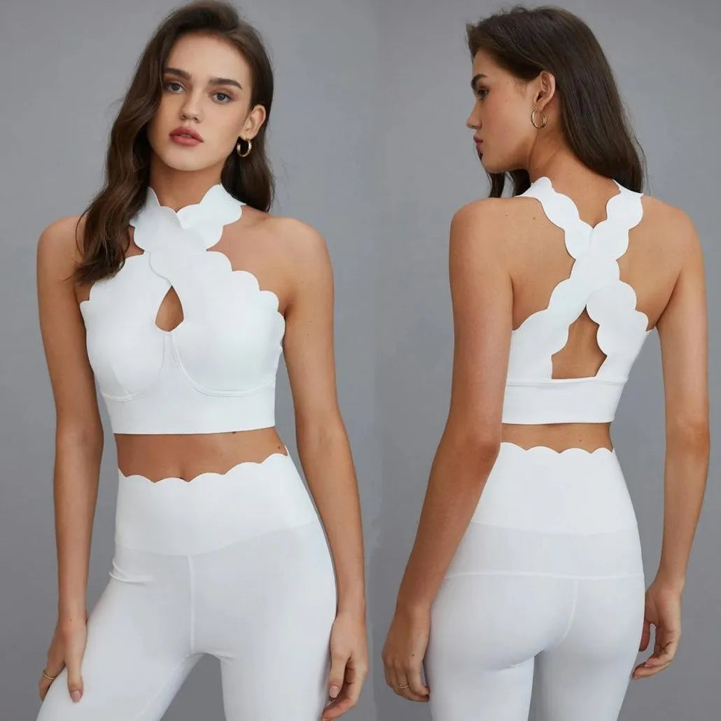 Women Athletic Two-Piece Yoga Pilates Outfit Built-in Chest Pads High Waist Leggings Gym Summer Casual Fitness Matching Wear