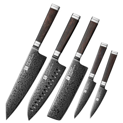 XINZUO Professional 1-5 Piece Damascus Knife Set Original Design Black Titanium Plating Blade And Classic Japanese Handle