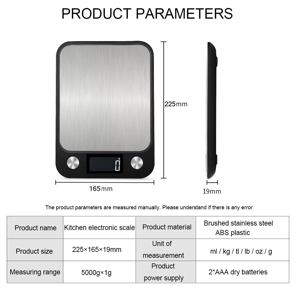 15kg/1g Kitchen Scale Food Scale Stainless Steel Kitchen Scale Waterproof Scale Digital Food Baking Milk Vegetable Weight Scales