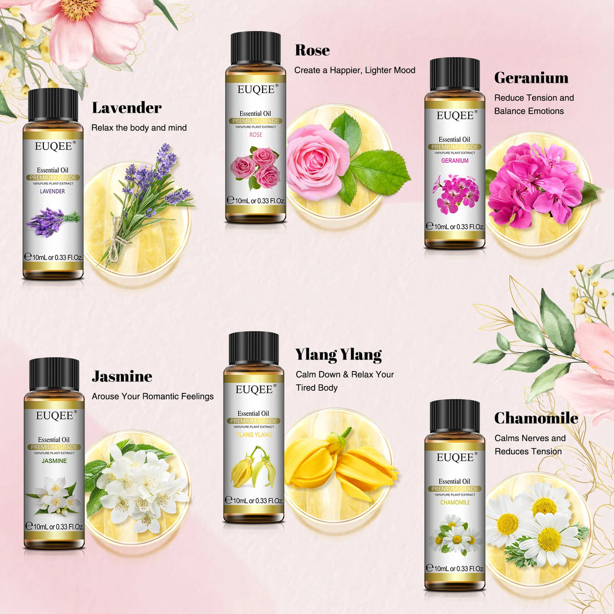 EUQEE 10ml*6pcs Essential Oil Set (Lavender Jasmine Rose Ylang Ylang Chamomile Geranium )-Pure Natural Aromatherapy Oils