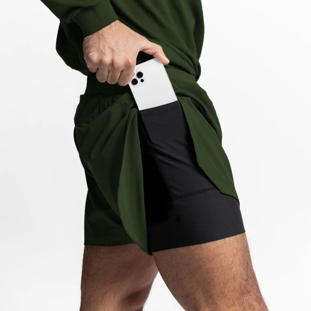 Mens 2 IN 1 Fitness Shorts Breathable Jogger Shorts Nylon Soft Gym Bodybuilding Huge Running Shorts with Phone Pocket Plus Size