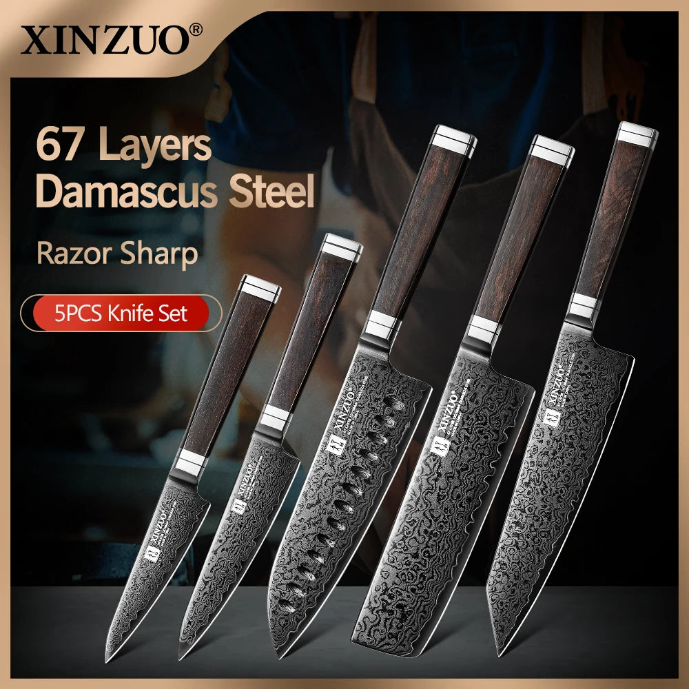 XINZUO Professional 1-5 Piece Damascus Knife Set Original Design Black Titanium Plating Blade And Classic Japanese Handle