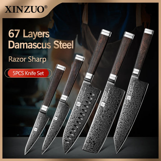 XINZUO Professional 1-5 Piece Damascus Knife Set Original Design Black Titanium Plating Blade And Classic Japanese Handle
