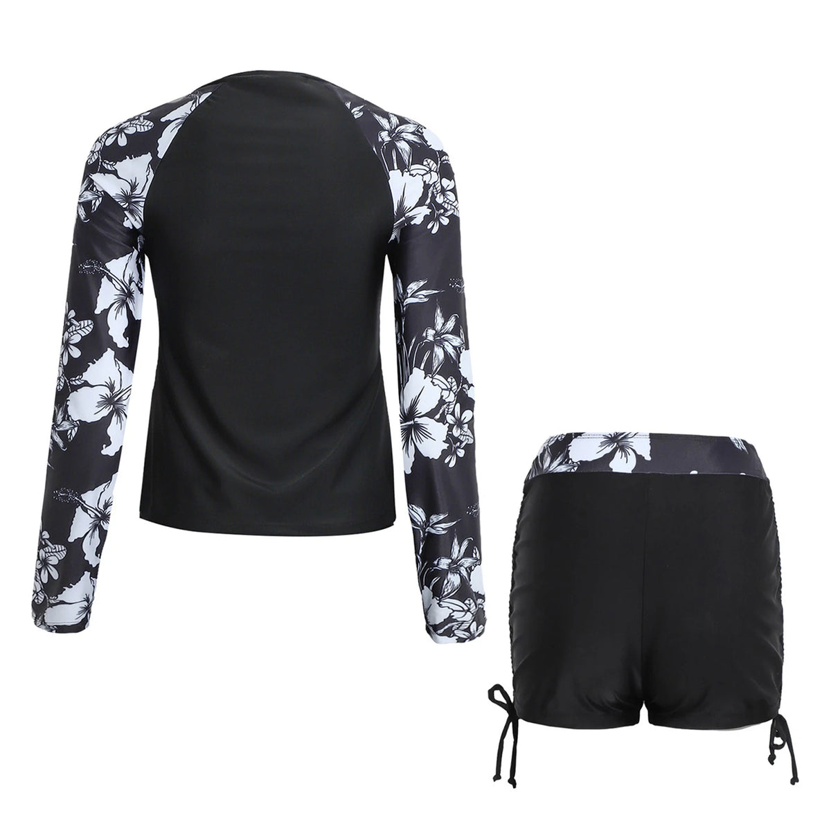 Womens Swimwear Athletic Swim Sets Print Long Sleeve Half Zipper Wireless Chest Pads Top with Side Drawstring Shorts Swimsuit