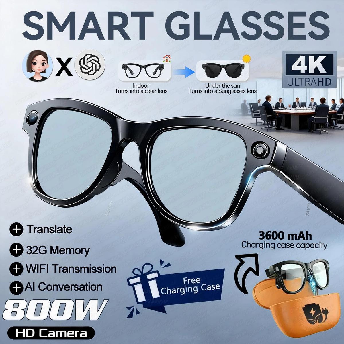 2026 Smart AI Glasses 1080P HD Camera M02 Ultra ChatGPT 3600mAh Charging Case Power Bank 32GB Translation Music Video Sunglasses