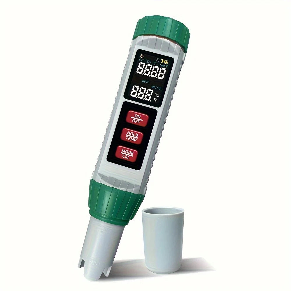 Portable 5-in-1 Water Quality Tester with High-Sensitivity Probe  Measures TDS, EC, pH, Salt Temperature for Home Water Testing