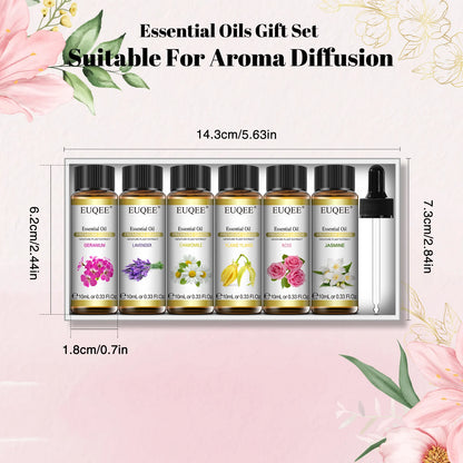 EUQEE 10ml*6pcs Essential Oil Set (Lavender Jasmine Rose Ylang Ylang Chamomile Geranium )-Pure Natural Aromatherapy Oils