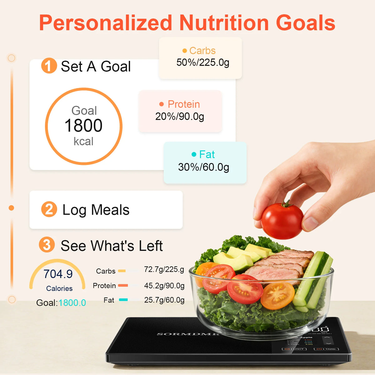 Smart Kitchen Scale Connects to Mobile App for Food Calorie Calculation Fitness Weight Loss Body Management,11 Lb / 5kg