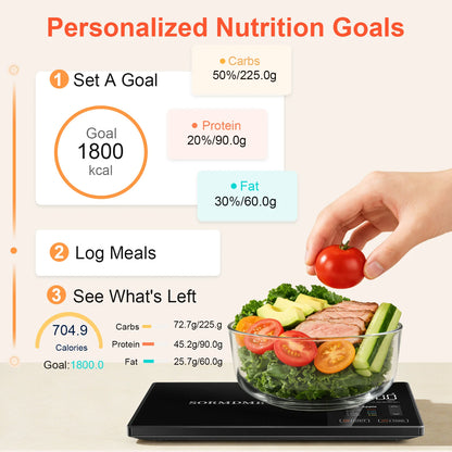Smart Kitchen Scale Connects to Mobile App for Food Calorie Calculation Fitness Weight Loss Body Management,11 Lb / 5kg