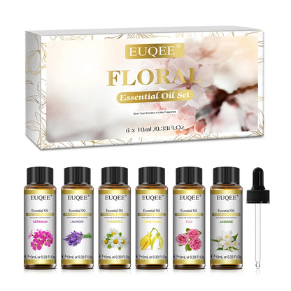 EUQEE 10ml*6pcs Essential Oil Set (Lavender Jasmine Rose Ylang Ylang Chamomile Geranium )-Pure Natural Aromatherapy Oils