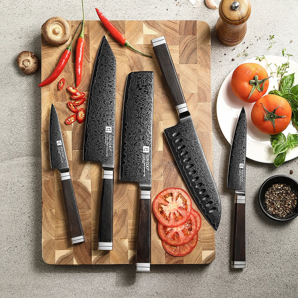 XINZUO Professional 1-5 Piece Damascus Knife Set Original Design Black Titanium Plating Blade And Classic Japanese Handle