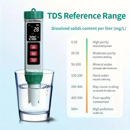 Portable 5-in-1 Water Quality Tester with High-Sensitivity Probe  Measures TDS, EC, pH, Salt Temperature for Home Water Testing