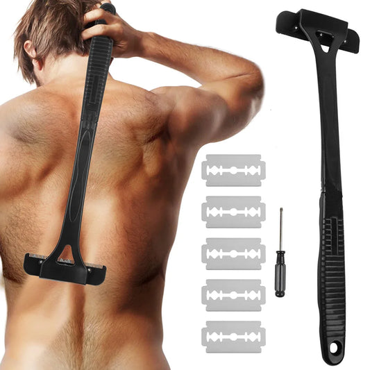Black Men's Foldable Back Shaver Razor Body Leg Hair Removal Trimmer with Comfortable Handle Shaving Tool for Personal Care