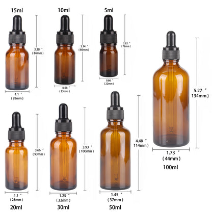 6/12/24pcs 5ml 10ml 15ml 20ml 30ml 50ml 100ml Amber Glass Dropper Bottles with Glass Pipette for Cosmetic Perfume Essential Oils