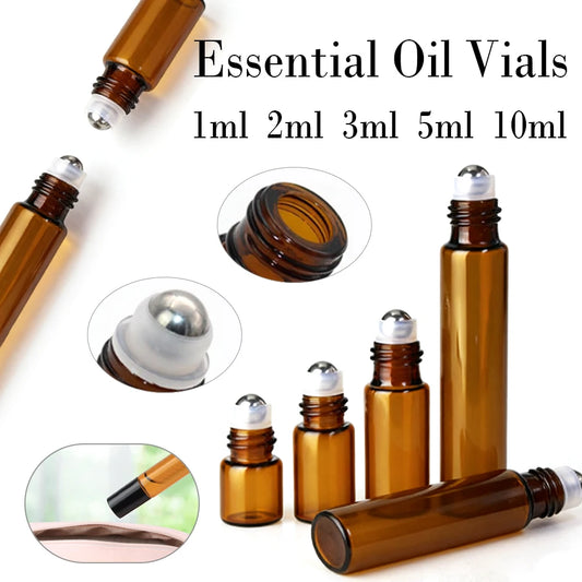 5-50pcs 1ml 2ml 3ml 5ml 10ml Glass Roll On Bottles For Essential Oils Amber Refillable Glass Roller Metal Oil Vials Mini Bottle